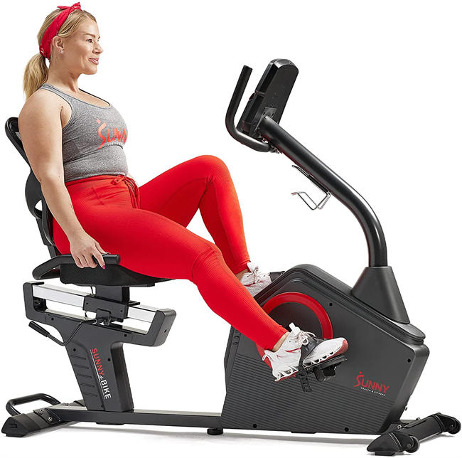 Sunny Health & Fitness Programmable Recumbent Exercise Bike with Optional Exclusive and Enhanced Bluetooth Connectivity (Smart)